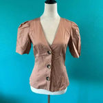 ZARA  Tan V-Neck Puff Sleeve Button Front Linen Top Lyocell & Cotton Size XS Photo 1