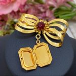 Vintage Gold Bow Locket Garnet Birthstone Brooch Photo 2
