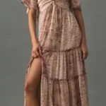 Anthropologie NWT  Short Sleeve Tiered Midi Dress Pink White Size S Photo 0