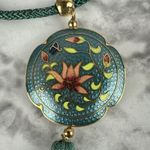 Vintage Womens Cloisonne Lotus Flower Medallion Tassel Necklace Jade Green Photo 3