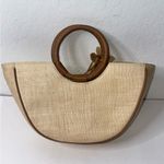 White House | Black Market Tan Handbag Basket Bag Crescent Basket Flower Appliqué Photo 1