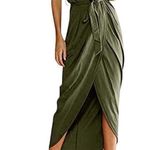 NWT Womens Qearal Ruched Army Green Short Sleeved Maxi Dress Photo 0