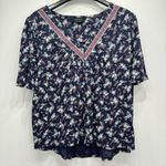 Lucky Brand  Navy Floral V Neck Pleated Button Front Top Size Medium Photo 1