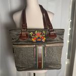 Consuela Brown and Red Floral Embroidered Tote Photo 0