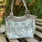 Petunia Pickle Bottom gender neutral blue tan geometric diaper bag Photo 1