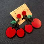 NWT Cherry Earrings Acrylic Resin Dangle Retro Fruity Red Green Black Post Backs Photo 1