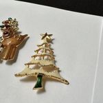 Lot Of 2 Christmas Holiday Brooch Pins Christmas Tree / Reindeer With Rabbit Gold Photo 1