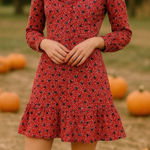 Salt & Pepper Floral Print Boho Ruffle Hem Dress Red Cotton Long Sleeve Size S Photo 1