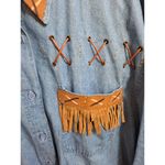 P.G.B. Western Denim Shirt Leather Fringe Lace Up Detail Large Blue Photo 3