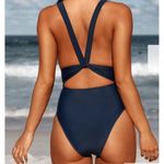 Cupshe  One-Piece Cut Out Cross‎ Back Deep V-Neck Ruched High Cut Navy Medium NEW Photo 2