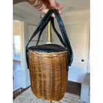 Vintage Wicker Basket Purse with Black Faux Croc Leather Trim & Gingham Lining Brown Photo 3