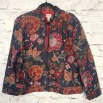 Chico's  Grey Black Deep Red Orange White Floral Jacket Blazer Size 2 Large 12 Photo 0
