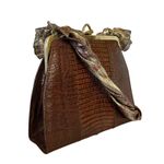 Vintage Genuine Lizard Brown Leather Frame Handbag with Oscar de la Renta Scarf Photo 10