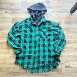 Risen Womens Frayed Hem Flannel Full Zip Hoodie Black/Green Streetwear Size Md Green Size M Photo 2