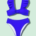 SheIn Medium Womens bright blue Bikini front tie deep V neck high waisted cheeky Photo 1