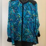 Nicole Miller Womens Sheer Blouse M Medium Black Teal Blue Pink Yellow Abstract Photo 0