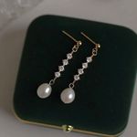 Elegant White Pear Dangle Drop Earrings for Women, CZ Pearl Earrings Gold Photo 1