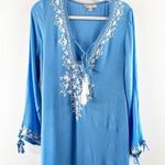 Rise and Bloom Embroidered Long Sleeve Tie Neck Maxi Dress Blue Medium Photo 5