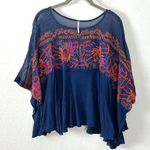 Free People  Bohemian Linen Embroidered Poncho Top Oversized Medium Summer Flowy Photo 4