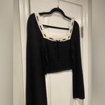 Dee Elly NWOT  Size M Black Cream Bell Sleeve Knit Crop Top Bow Scalloped Trim Photo 3