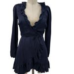 Aritzia  Sunday Best Taro Wrap Dress Mini Ruffle‎ Satin Navy Blue Size 00 Photo 2