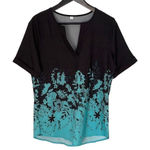 Made with Love Short Sleeve Pullover Blouse Black Turquoise Floral Size Medium Photo 0