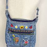 Vintage Denim Shoulder Bag with Floral Embroidery Blue Photo 0