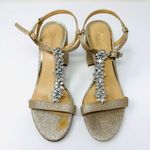 JEWEL BADGLEY MISCHKA gold glitter and CZ ankle wrap block sandals, size 6 Photo 1
