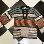 Vintage 70s 80s Kimlon by RBK Acrylic V Neck Sweater Colorful Stripee Abstract S Orange Photo 0