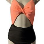 Cupshe Women's Halter Twist Front Swimsuit - Orange and Black Photo 0