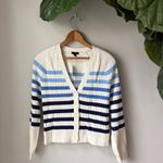 Talbots White + Blue Ribbed Button V Neck Breton Stripe Cardigan Photo 1