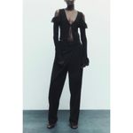 ZARA NWT Tie Front Ruffle Ribbed Knit Cardigan Top in Black Witchy Size Small Photo 10