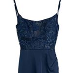 La Femme NWT  Scoop Laced A-Line Satin Embellished Evening Gown Navy Blue 00 Flaw Photo 4