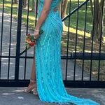 Ashley Lauren Turquoise, one-shouldered, beaded prom or pageant dress  Photo 1