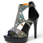 NWT Eldof Elegant Black Rhinestone High Heel Sandals Sz 7 Photo 0