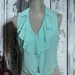 Iris Los Angeles Aqua blue Top Sheer Sleeveless Lace Knot Tie Large Photo 0