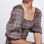 ZARA NWT  Bodycon Houndstooth Plaid Knit Dress Boat Halter Neck Black/Orange Sz L Photo 2