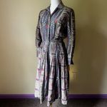 Vintage 70s HenryLee Paisley Print‎ Shirt Dress Long Sleeve Pleated Skirt Small Gray Photo 8