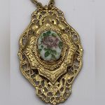 Vintage Victorian Revival filigree 27” necklace. Painted rose on porcelain Gold Photo 2