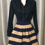 Pleated Stripe Puffy Navy Tan Structured FSR Skirt Blue Size L Photo 0