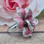 None Silver Tone & Pink Enamel Large Statement Flower Ring Size 7 Fashion Cocktail Photo 2