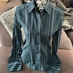 New York And Company Stretch Blue/Green Striped Button Down Shirt Size Medium Photo 0