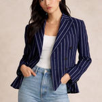 Ralph Lauren Polo  Women's Double Breasted Pinstripe Linen Blazer Size 12 Navy Photo 0