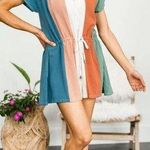 Entro ☀️EUC Colorblock Romper Size L Linen Blend Drawstring Waist Photo 0