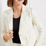 Talbots NWT Women’s Cropped Blazer Jacket Sunny Pinstripe White Linen Blend Photo 0