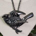 Gunmetal Silver Bird with Crystals Pendant on Chain and Earrings Set Photo 2