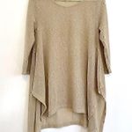 Umgee Gold / Tan Open Weave Knit Asymmetrical Sharkbite Hem 3/4 Sleeve Tunic Top Photo 0