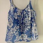 C&C California Blouse Top Size M Blue Floral 100% Linen Hawaiian Tank Tie Front Photo 0