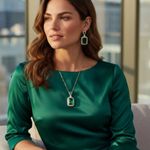 Faux Emerald Necklace Pendant & Earring Set Pierced Ears Gold Photo 0