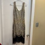 1920s Flapper Beaded Dress, Necklace, and Headband Gold Size M Photo 1